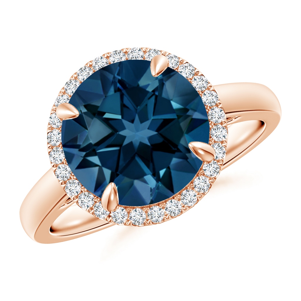 10mm AAAA Round London Blue Topaz Cathedral Ring with Diamond Halo in Rose Gold