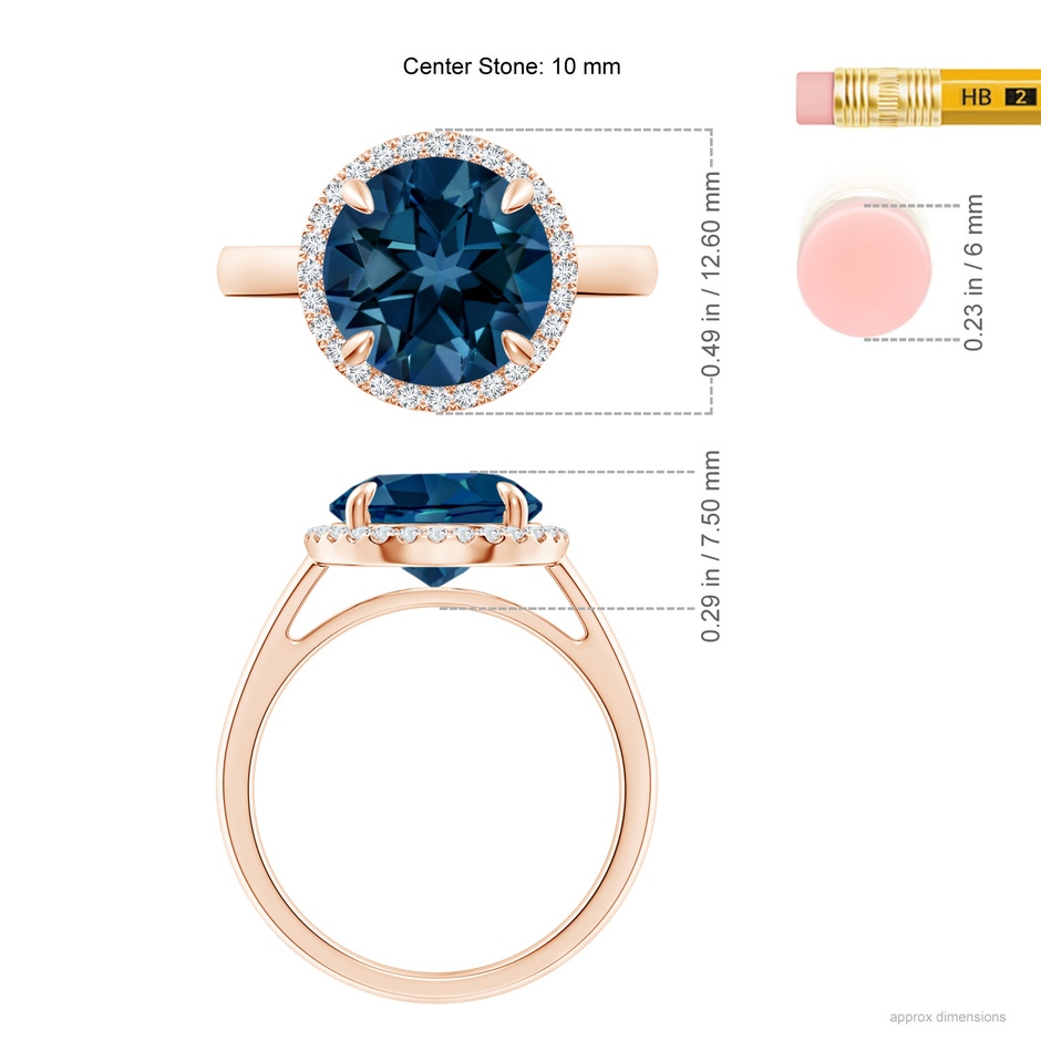 10mm AAAA Round London Blue Topaz Cathedral Ring with Diamond Halo in Rose Gold ruler