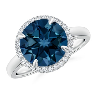 10mm AAAA Round London Blue Topaz Cathedral Ring with Diamond Halo in White Gold