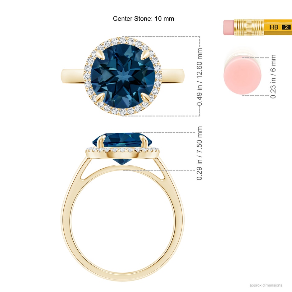 10mm AAAA Round London Blue Topaz Cathedral Ring with Diamond Halo in Yellow Gold ruler