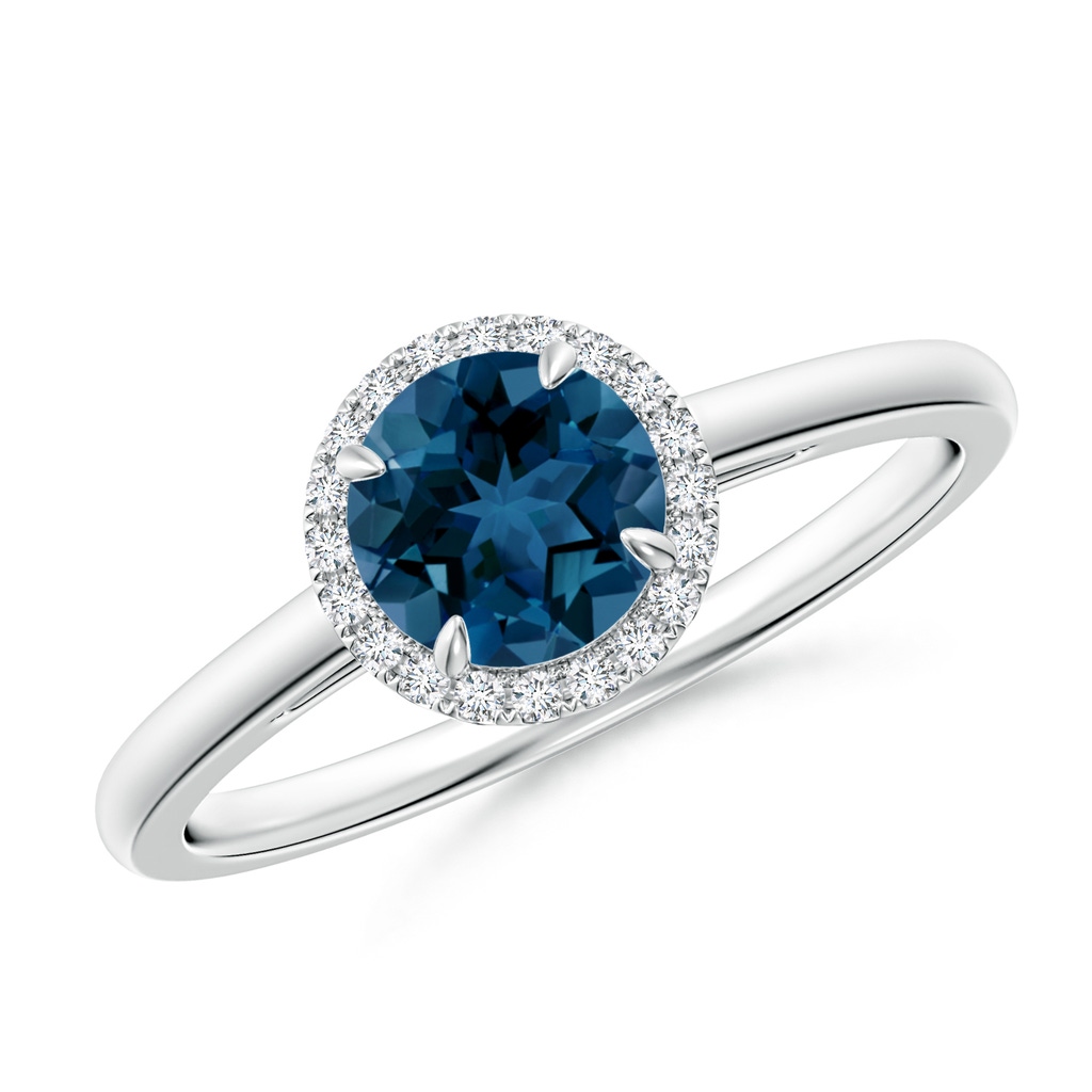 6mm AAA Round London Blue Topaz Cathedral Ring with Diamond Halo in White Gold