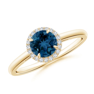 6mm AAA Round London Blue Topaz Cathedral Ring with Diamond Halo in Yellow Gold