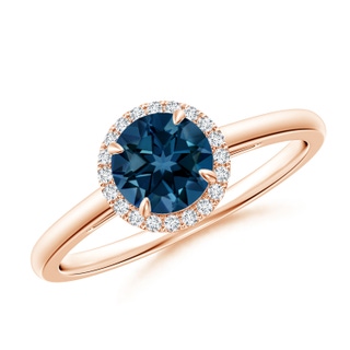 6mm AAAA Round London Blue Topaz Cathedral Ring with Diamond Halo in 9K Rose Gold