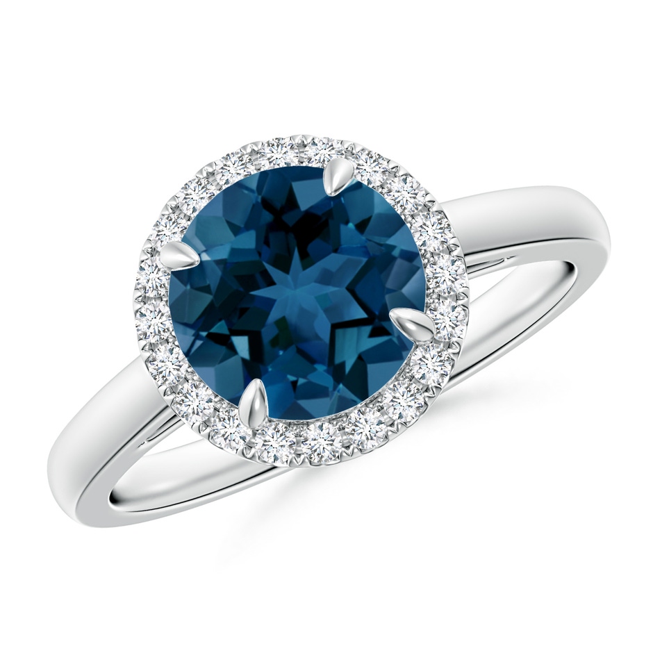 8mm AAA Round London Blue Topaz Cathedral Ring with Diamond Halo in White Gold 