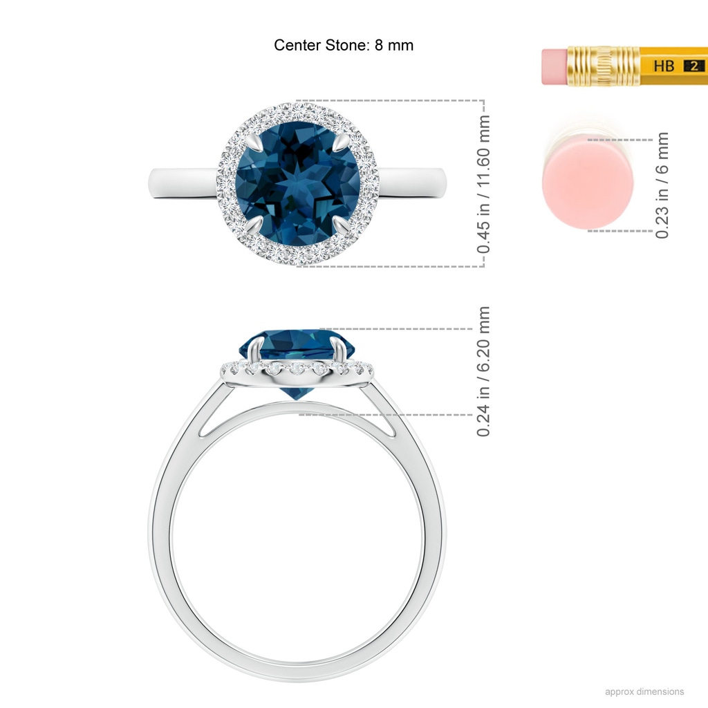 8mm AAA Round London Blue Topaz Cathedral Ring with Diamond Halo in White Gold Ruler