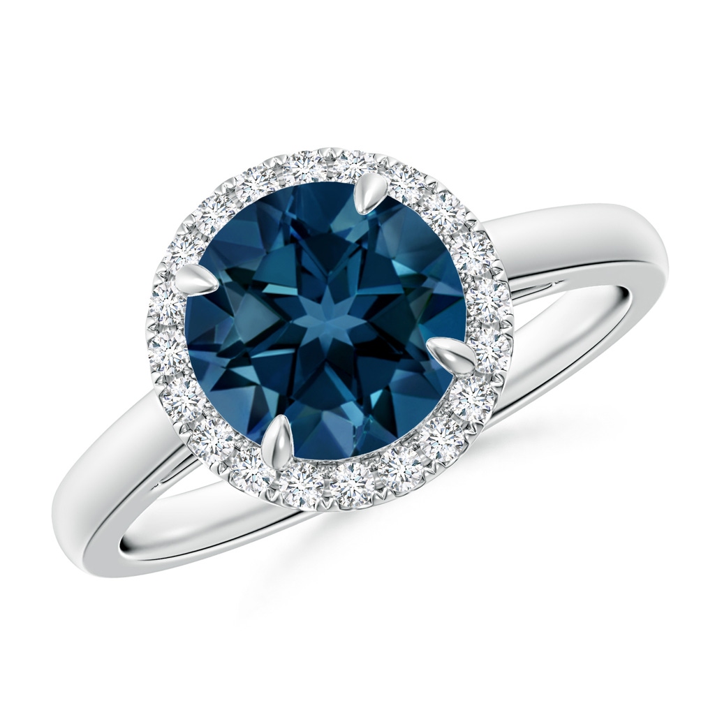 8mm AAAA Round London Blue Topaz Cathedral Ring with Diamond Halo in White Gold