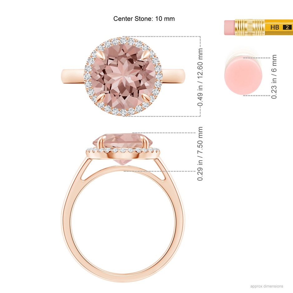 10mm AAAA Round Morganite Cathedral Ring with Diamond Halo in Rose Gold ruler