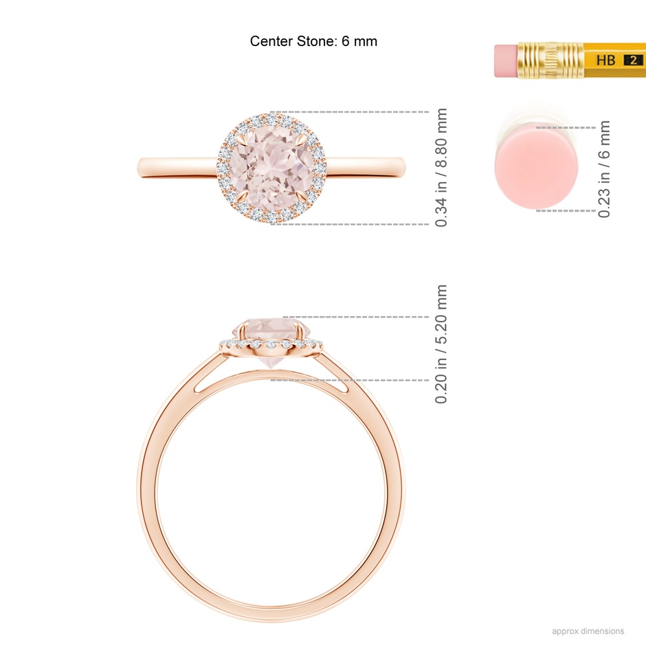 6mm A Round Morganite Cathedral Ring with Diamond Halo in Rose Gold ruler