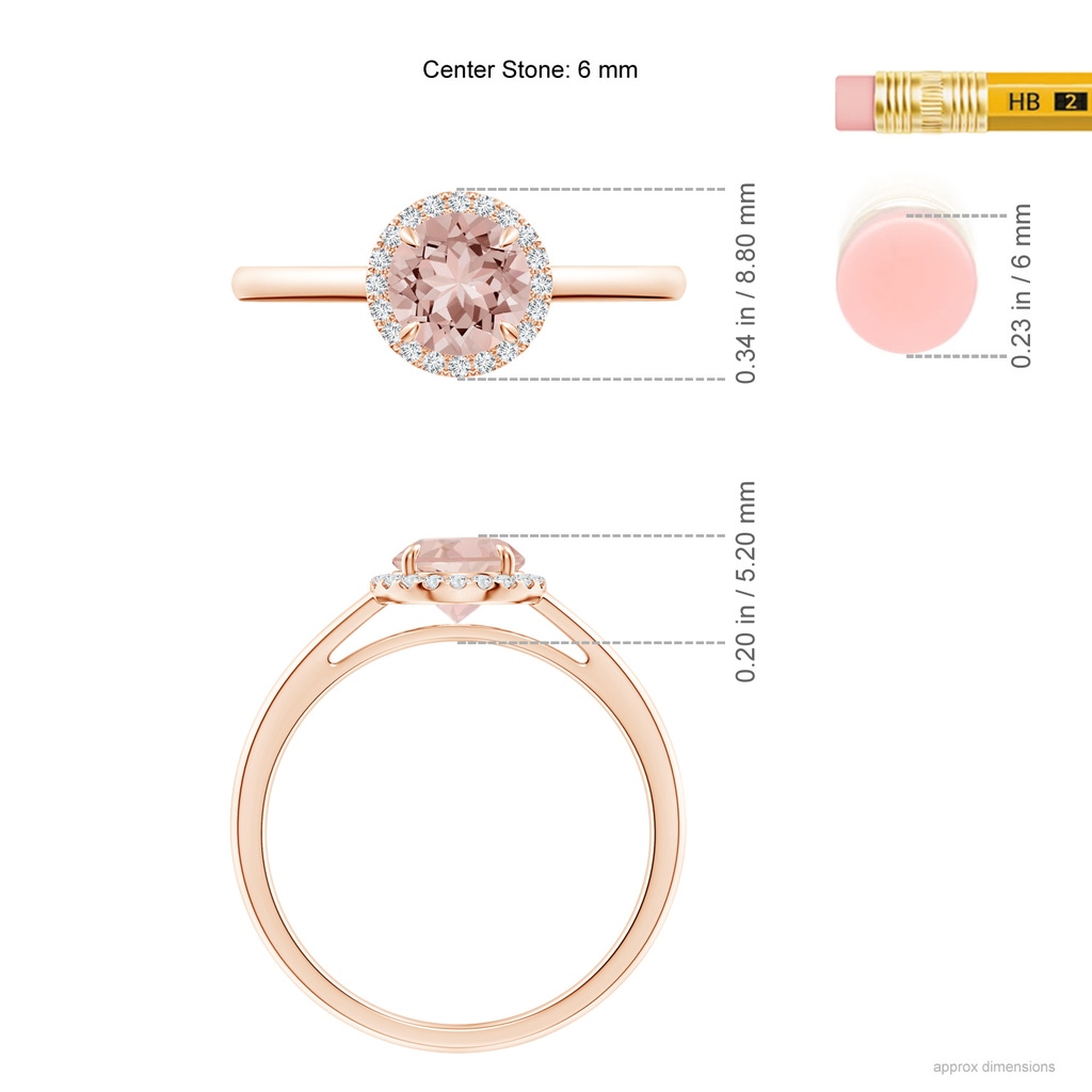 6mm AAAA Round Morganite Cathedral Ring with Diamond Halo in Rose Gold Ruler