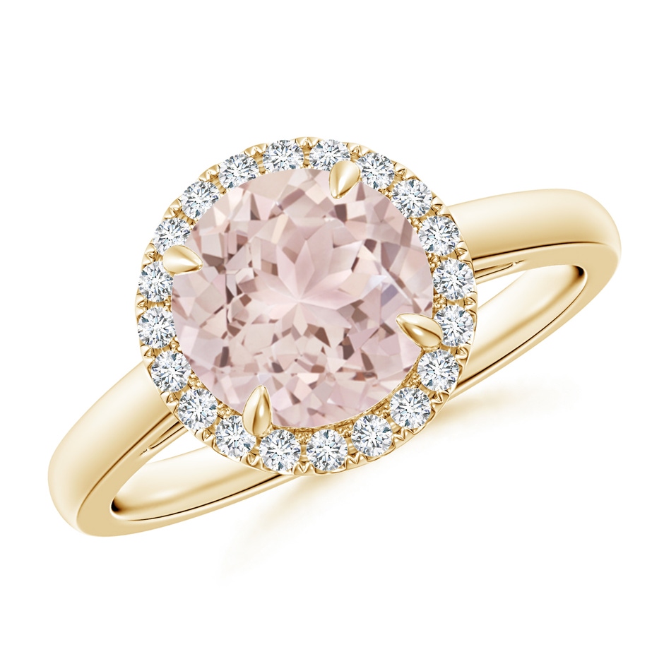 8mm A Round Morganite Cathedral Ring with Diamond Halo in Yellow Gold 