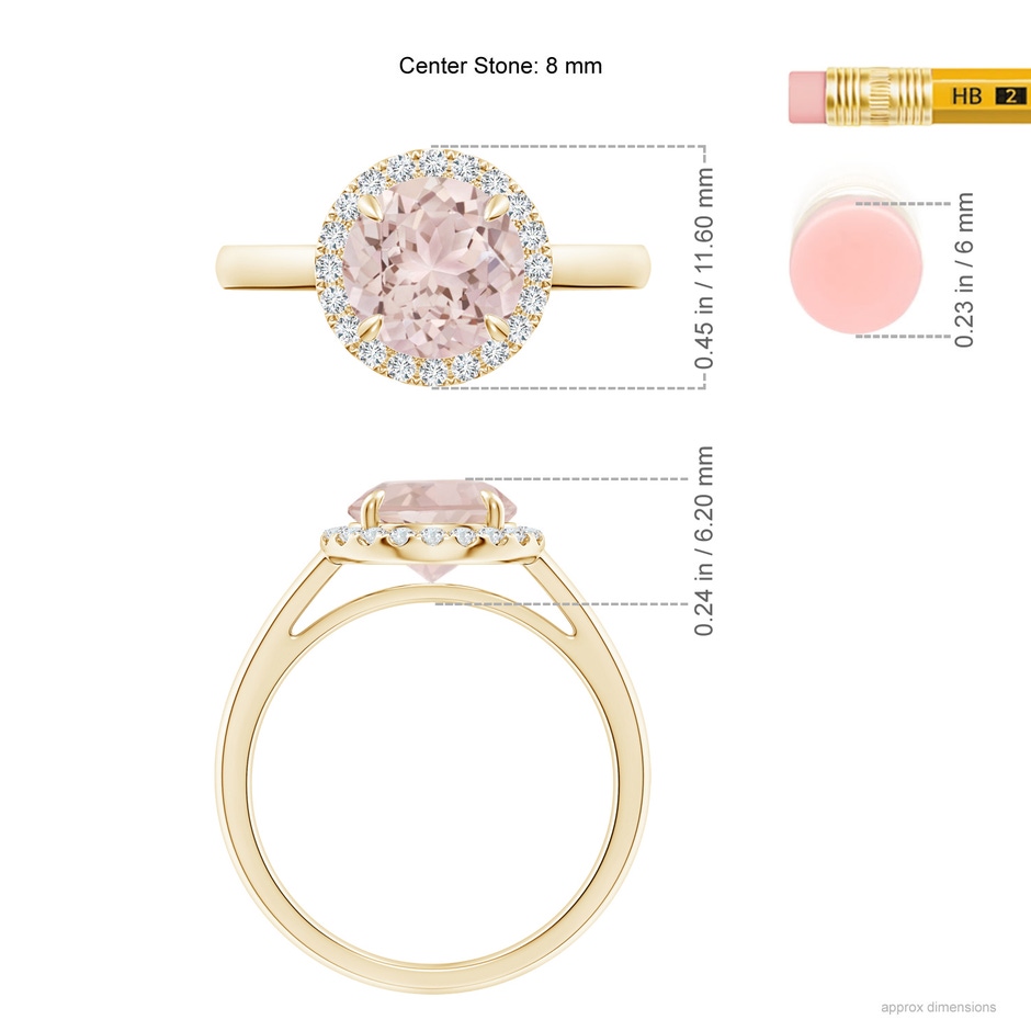 8mm A Round Morganite Cathedral Ring with Diamond Halo in Yellow Gold ruler