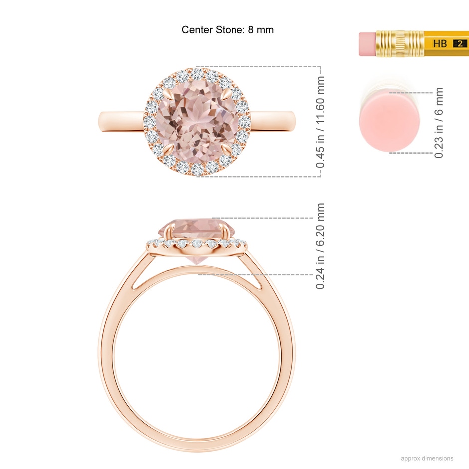 8mm AAA Round Morganite Cathedral Ring with Diamond Halo in Rose Gold ruler