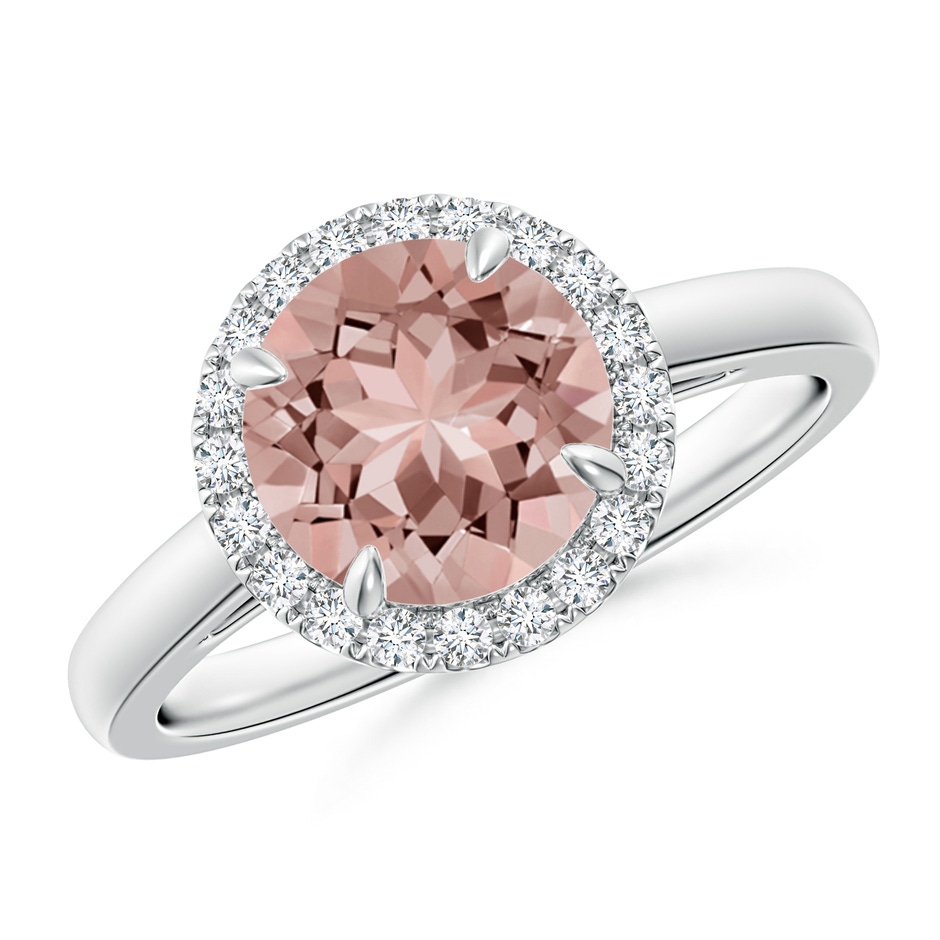 8mm AAAA Round Morganite Cathedral Ring with Diamond Halo in White Gold 