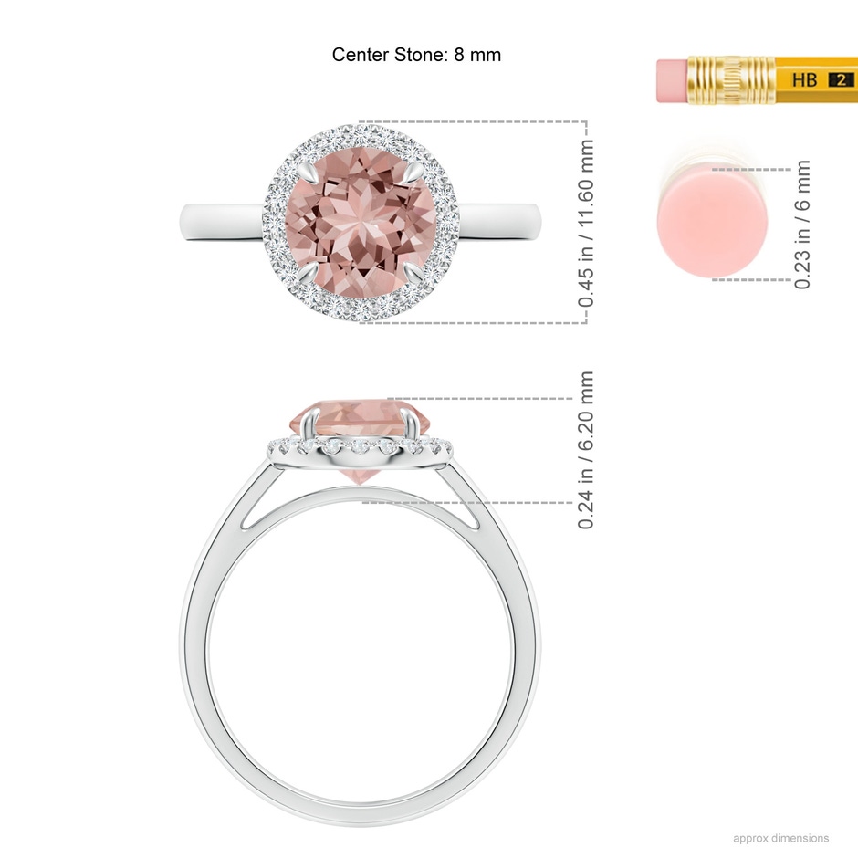 8mm AAAA Round Morganite Cathedral Ring with Diamond Halo in White Gold ruler