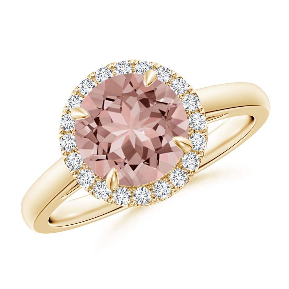 8mm AAAA Round Morganite Cathedral Ring with Diamond Halo in Yellow Gold 