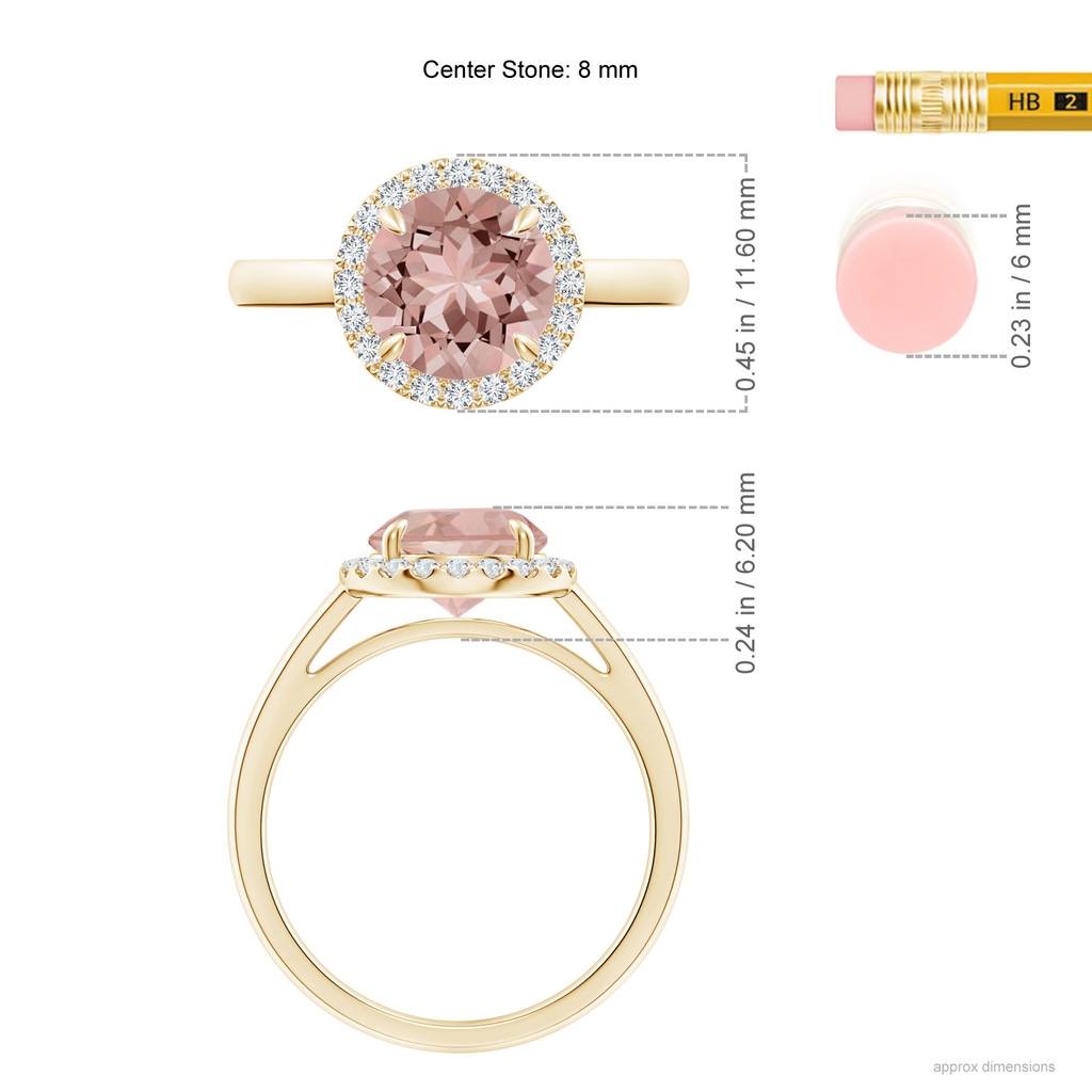 8mm AAAA Round Morganite Cathedral Ring with Diamond Halo in Yellow Gold Ruler