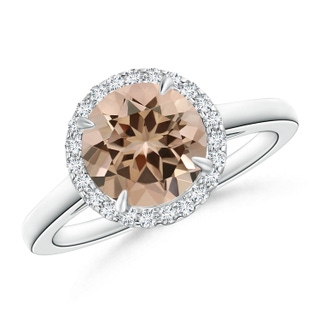 7.06x7.00x4.40mm AAA GIA Certified Round Morganite Cathedral Ring with Diamond Halo in 18K White Gold