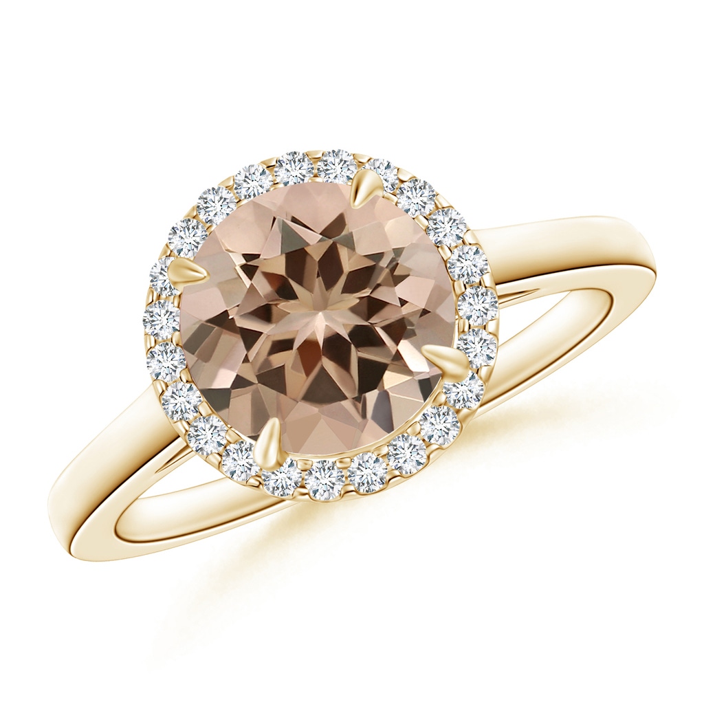 7.06x7.00x4.40mm AAA GIA Certified Round Morganite Cathedral Ring with Diamond Halo in Yellow Gold