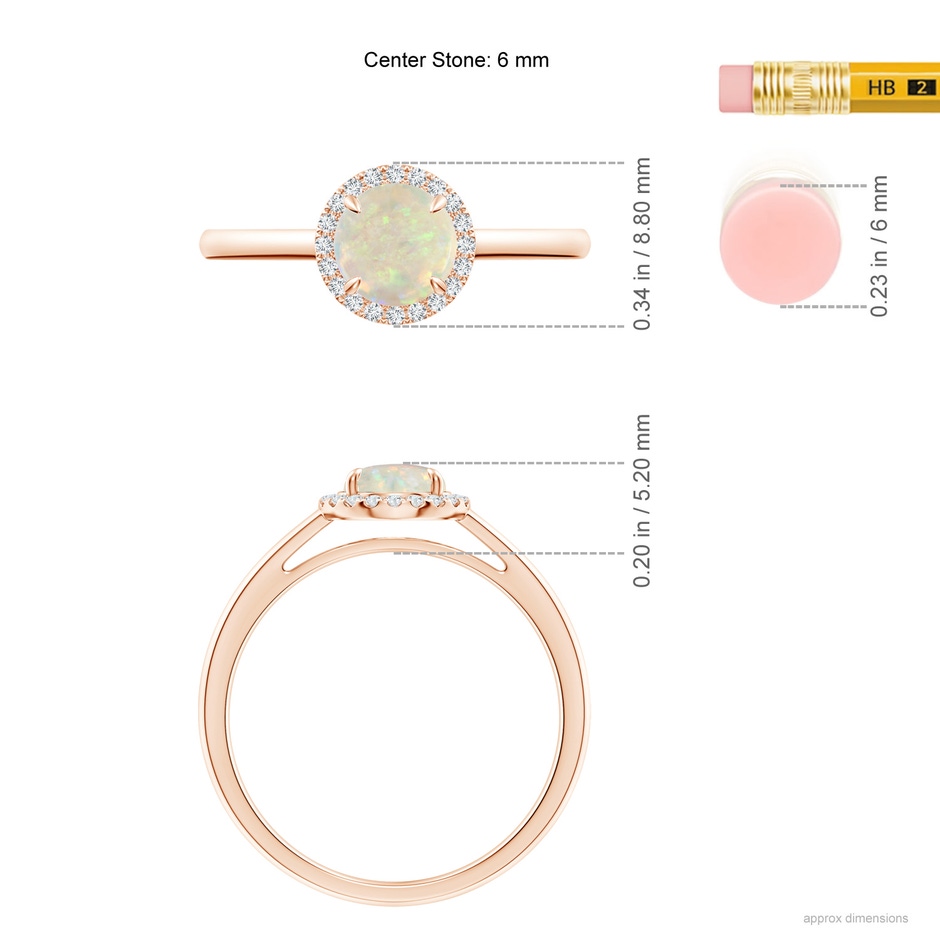 6mm AAA Round Opal Cathedral Ring with Diamond Halo in Rose Gold ruler