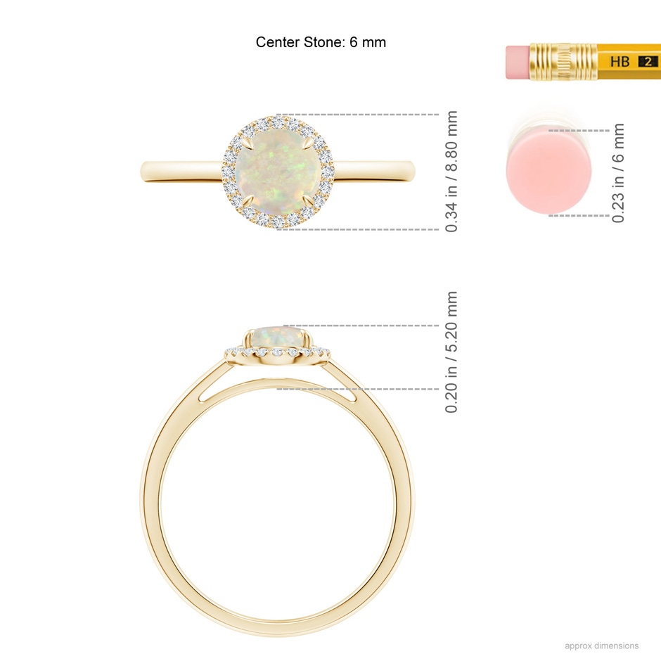 6mm AAA Round Opal Cathedral Ring with Diamond Halo in Yellow Gold ruler