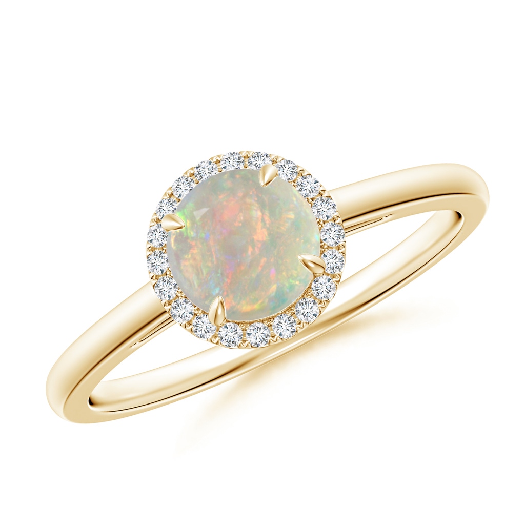 6mm AAAA Round Opal Cathedral Ring with Diamond Halo in Yellow Gold