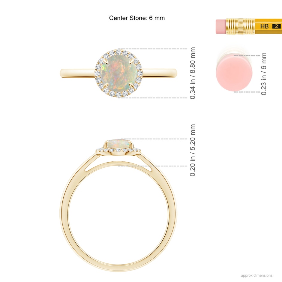 6mm AAAA Round Opal Cathedral Ring with Diamond Halo in Yellow Gold ruler