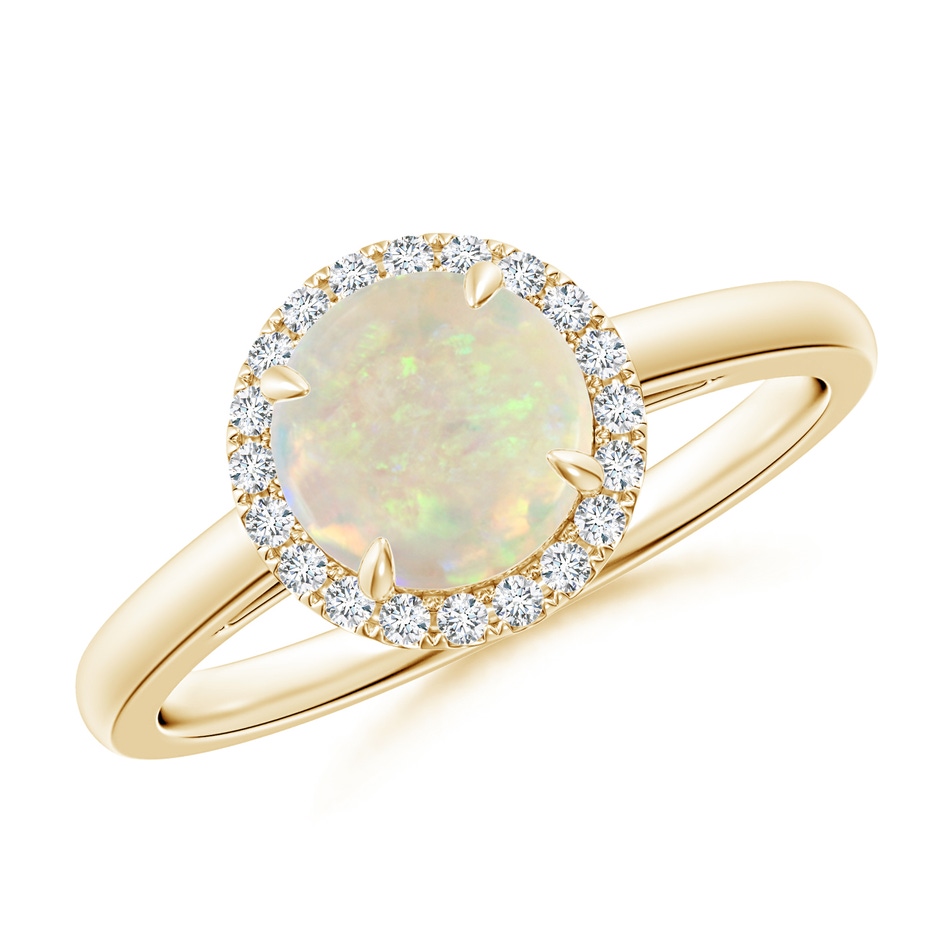 7mm AAA Round Opal Cathedral Ring with Diamond Halo in Yellow Gold 