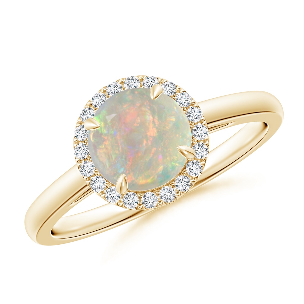 7mm AAAA Round Opal Cathedral Ring with Diamond Halo in Yellow Gold