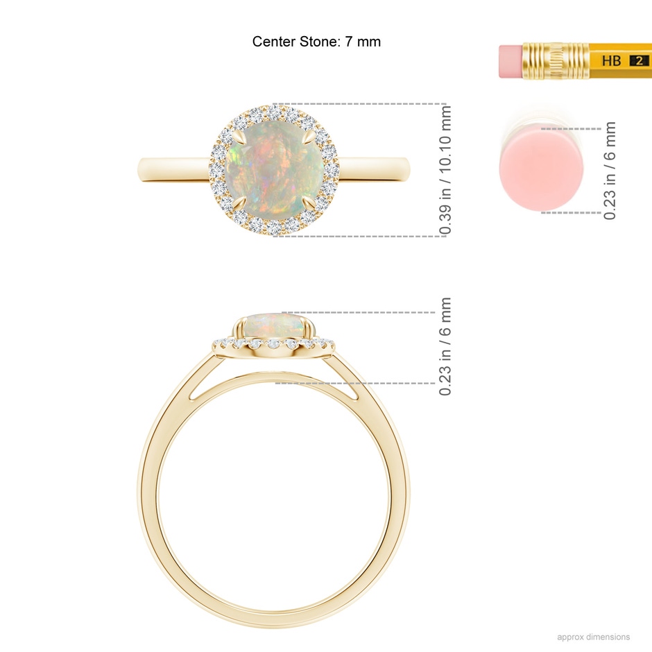 7mm AAAA Round Opal Cathedral Ring with Diamond Halo in Yellow Gold ruler