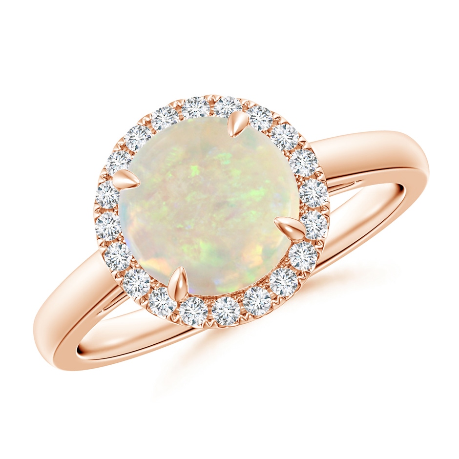 8mm AAA Round Opal Cathedral Ring with Diamond Halo in Rose Gold 