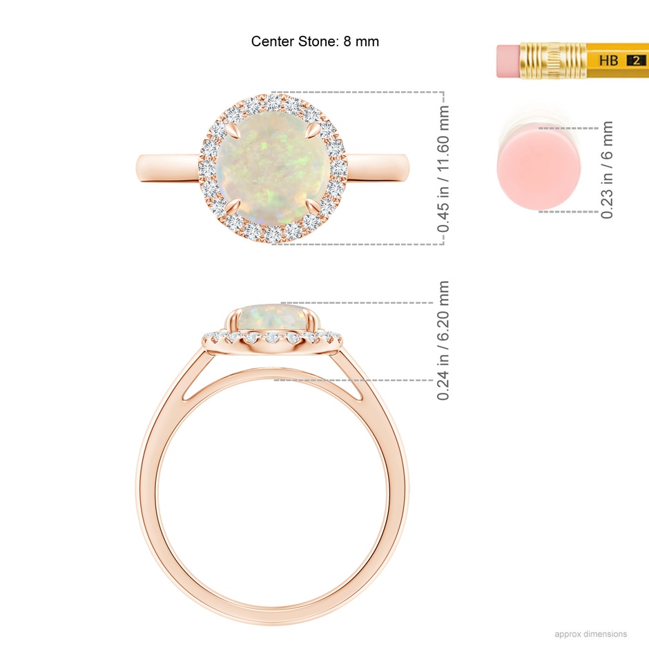 8mm AAA Round Opal Cathedral Ring with Diamond Halo in Rose Gold ruler