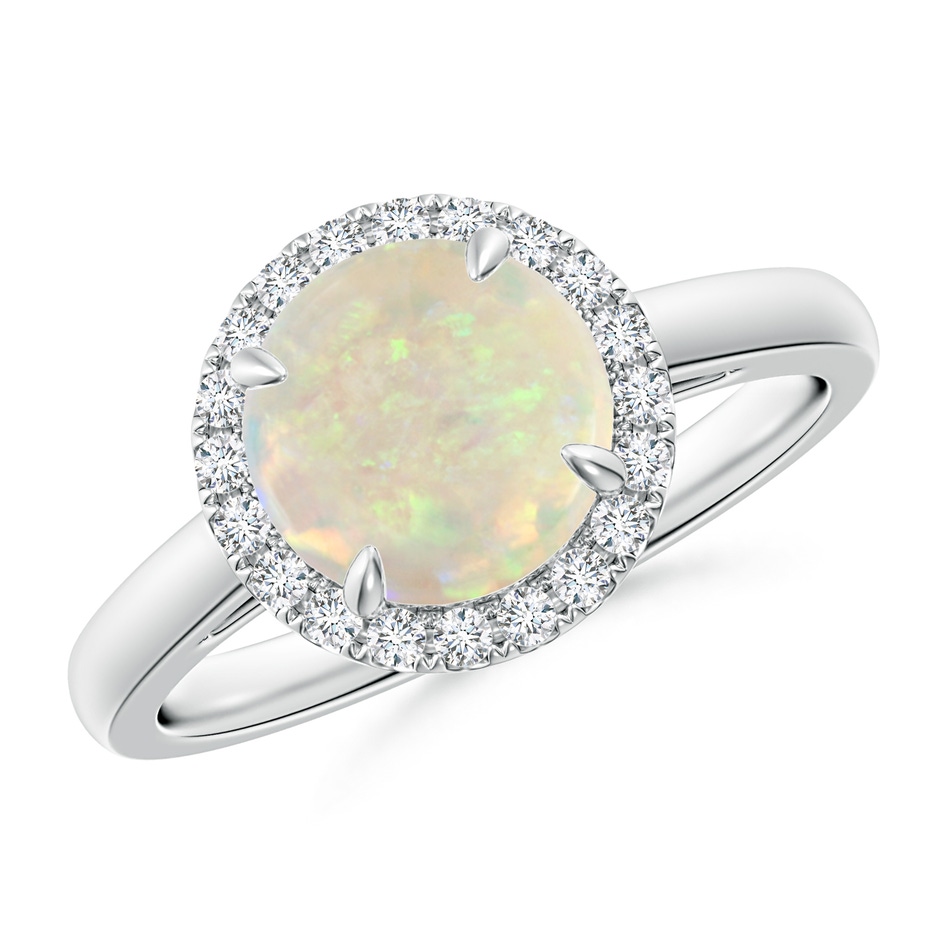 8mm AAA Round Opal Cathedral Ring with Diamond Halo in White Gold 