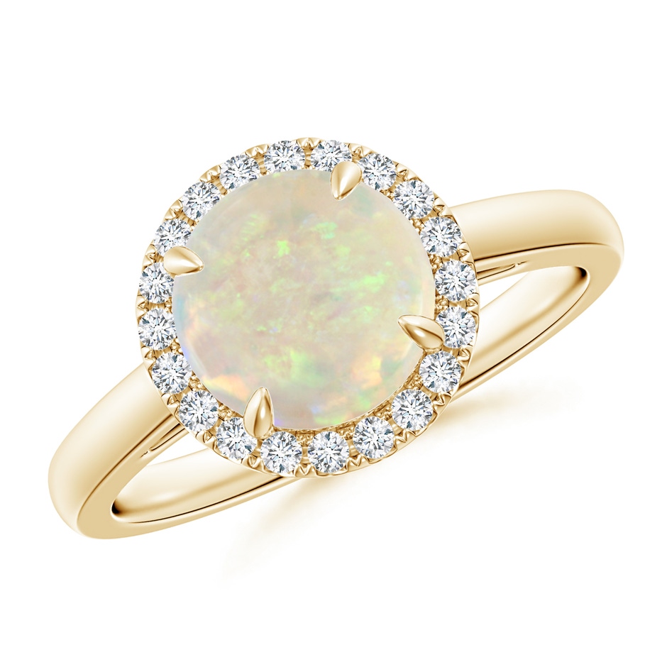 8mm AAA Round Opal Cathedral Ring with Diamond Halo in Yellow Gold 