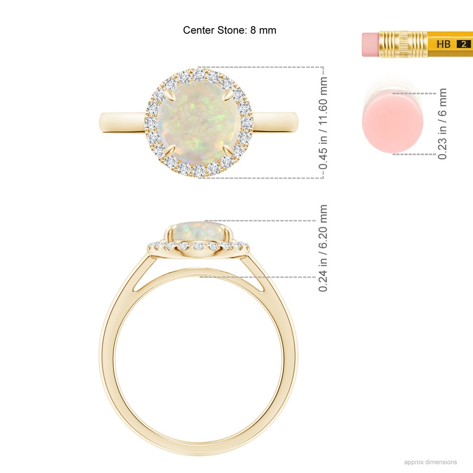 8mm AAA Round Opal Cathedral Ring with Diamond Halo in Yellow Gold ruler