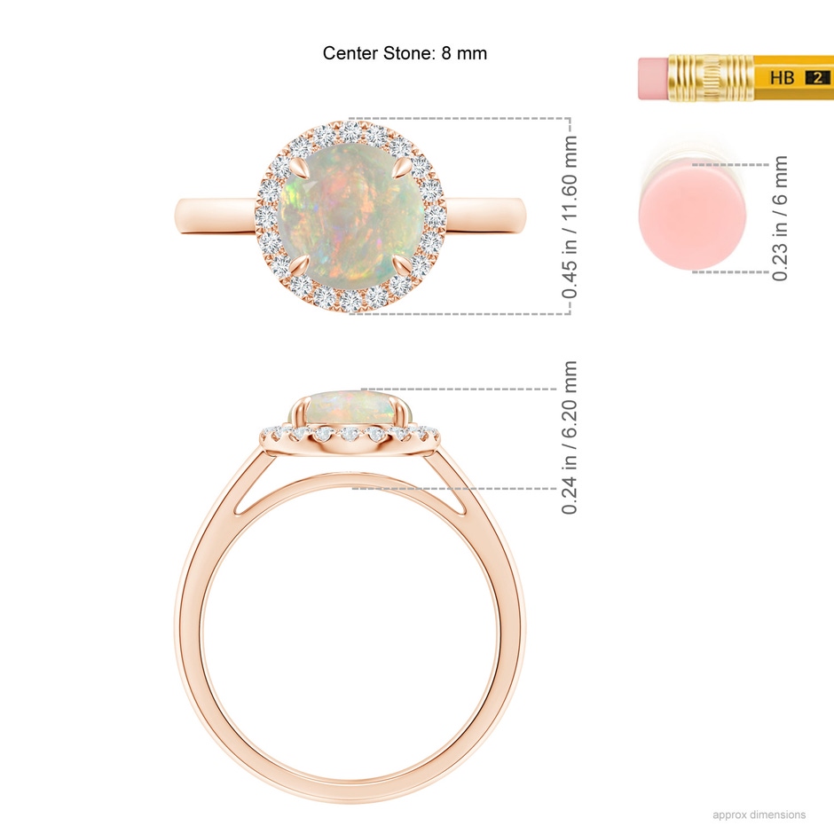 8mm AAAA Round Opal Cathedral Ring with Diamond Halo in Rose Gold ruler