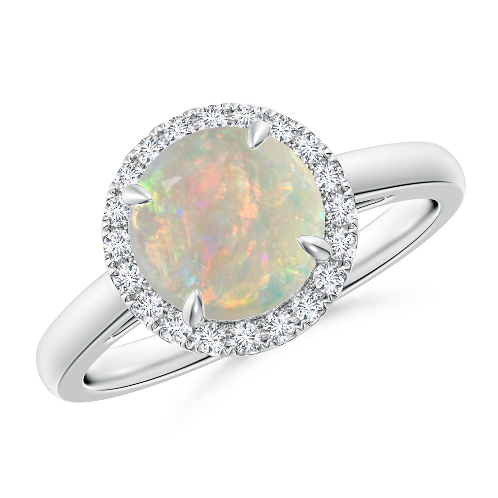 8mm AAAA Round Opal Cathedral Ring with Diamond Halo in White Gold