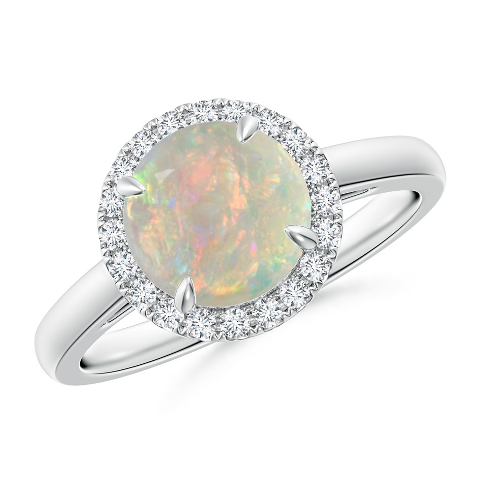 8mm AAAA Round Opal Cathedral Ring with Diamond Halo in White Gold 