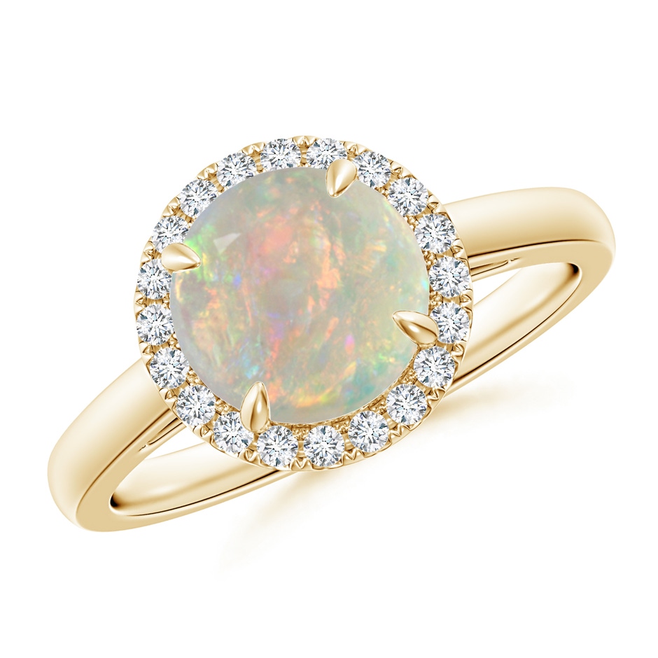 8mm AAAA Round Opal Cathedral Ring with Diamond Halo in Yellow Gold 