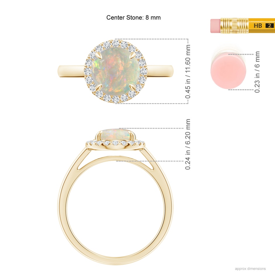 8mm AAAA Round Opal Cathedral Ring with Diamond Halo in Yellow Gold ruler