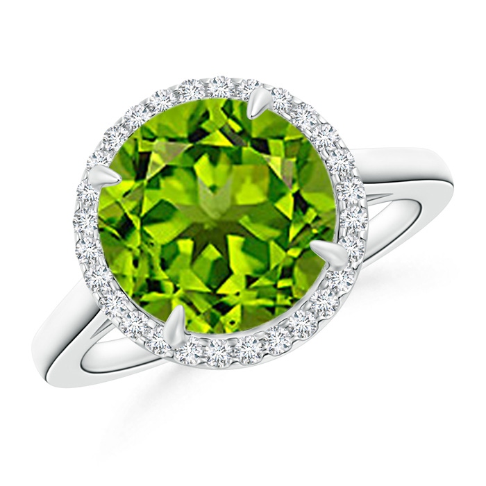 10mm AAAA Round Peridot Cathedral Ring with Diamond Halo in White Gold