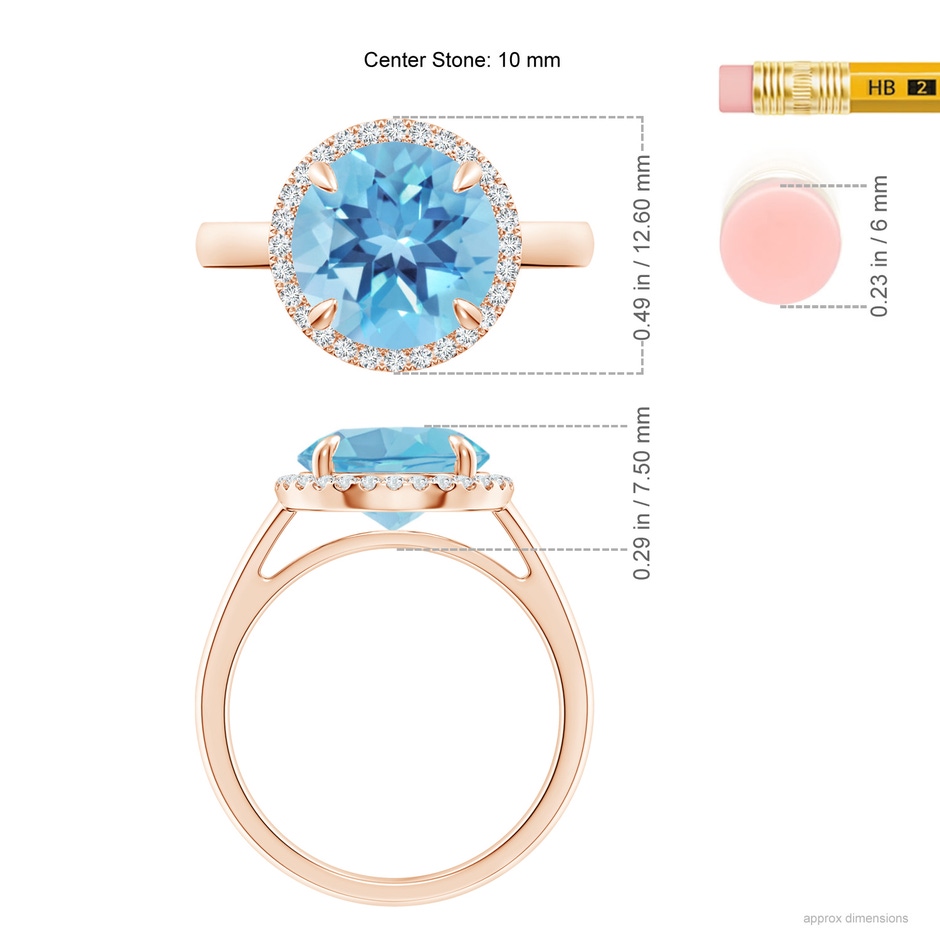 10mm A Round Swiss Blue Topaz Cathedral Ring with Diamond Halo in Rose Gold ruler