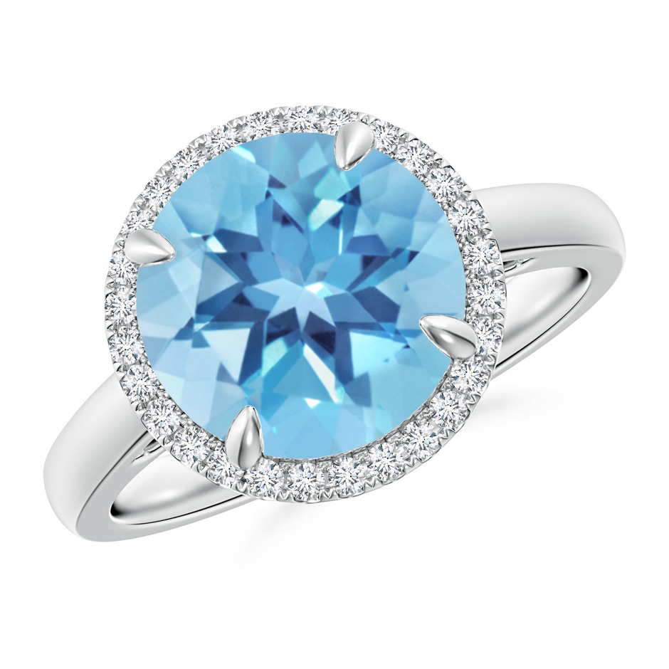 10mm A Round Swiss Blue Topaz Cathedral Ring with Diamond Halo in White Gold 