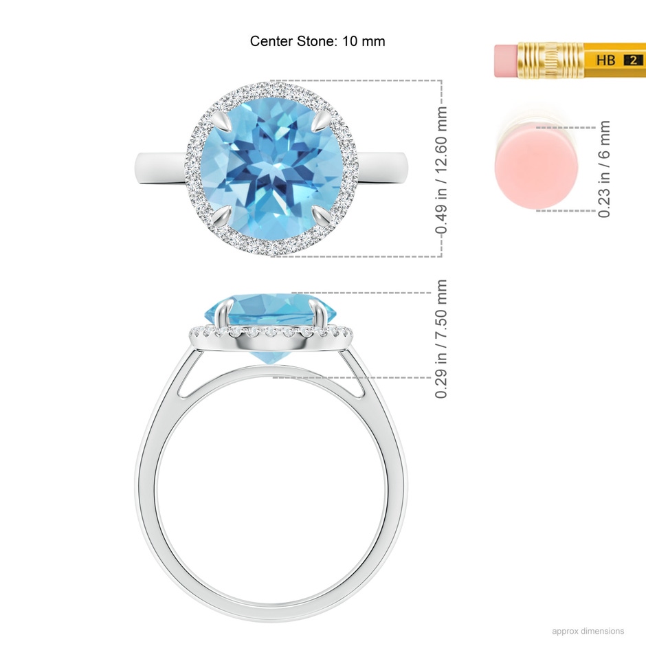 10mm A Round Swiss Blue Topaz Cathedral Ring with Diamond Halo in White Gold ruler