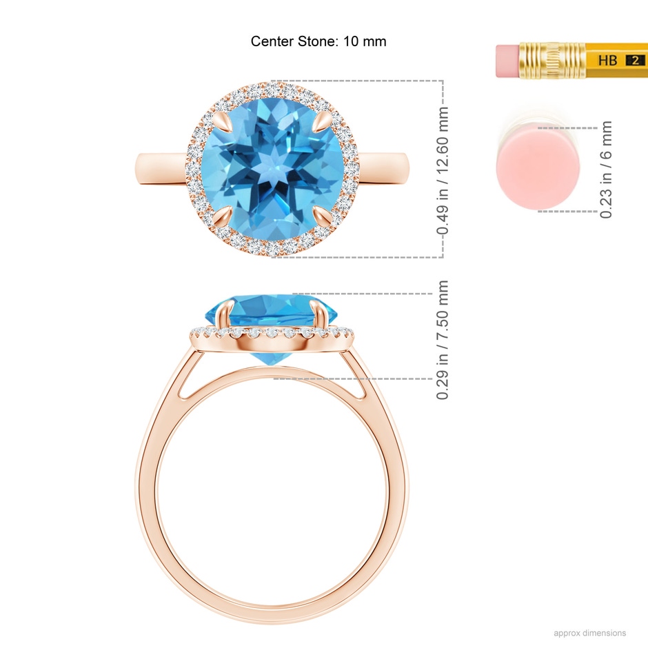 10mm AA Round Swiss Blue Topaz Cathedral Ring with Diamond Halo in Rose Gold ruler