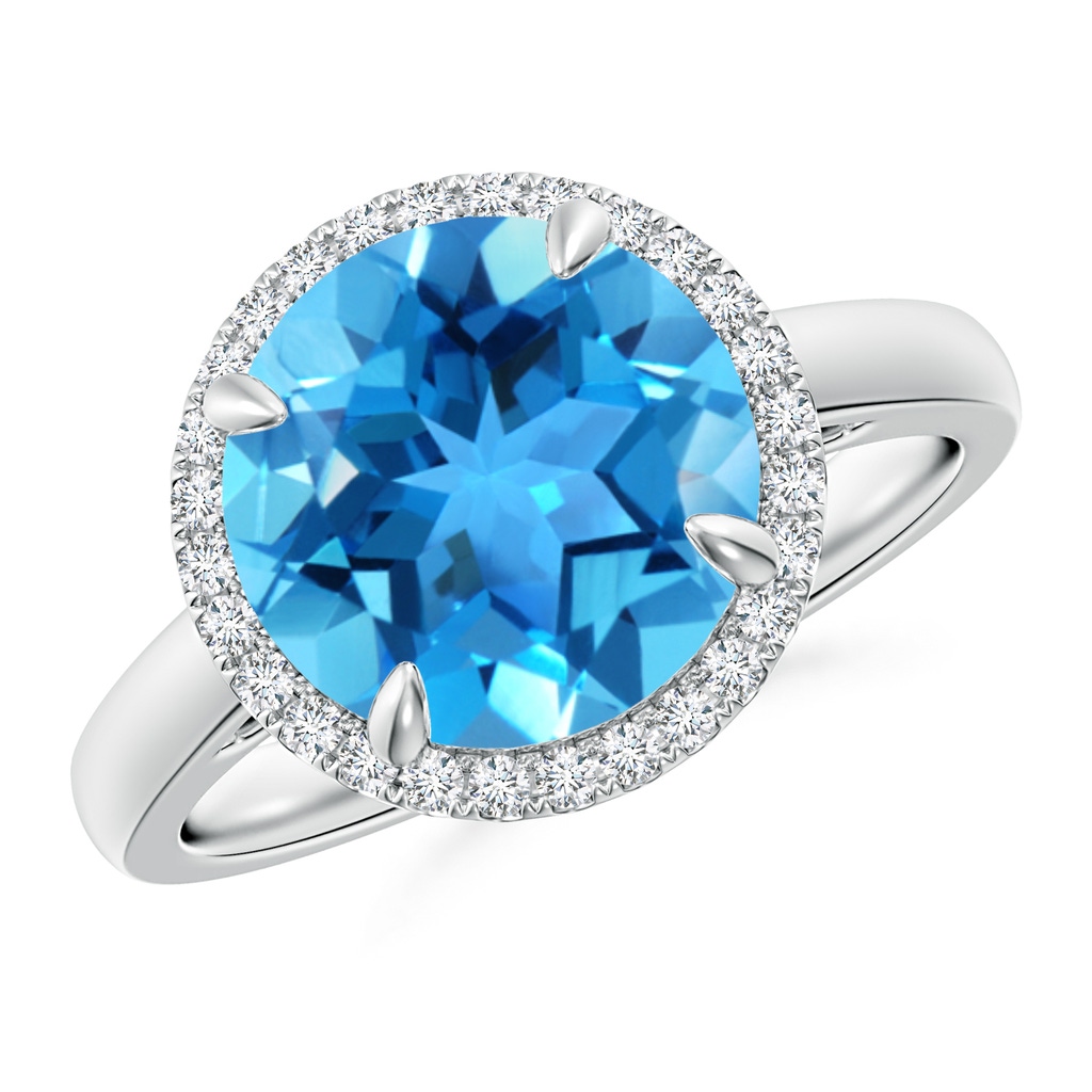 10mm AAA Round Swiss Blue Topaz Cathedral Ring with Diamond Halo in White Gold 