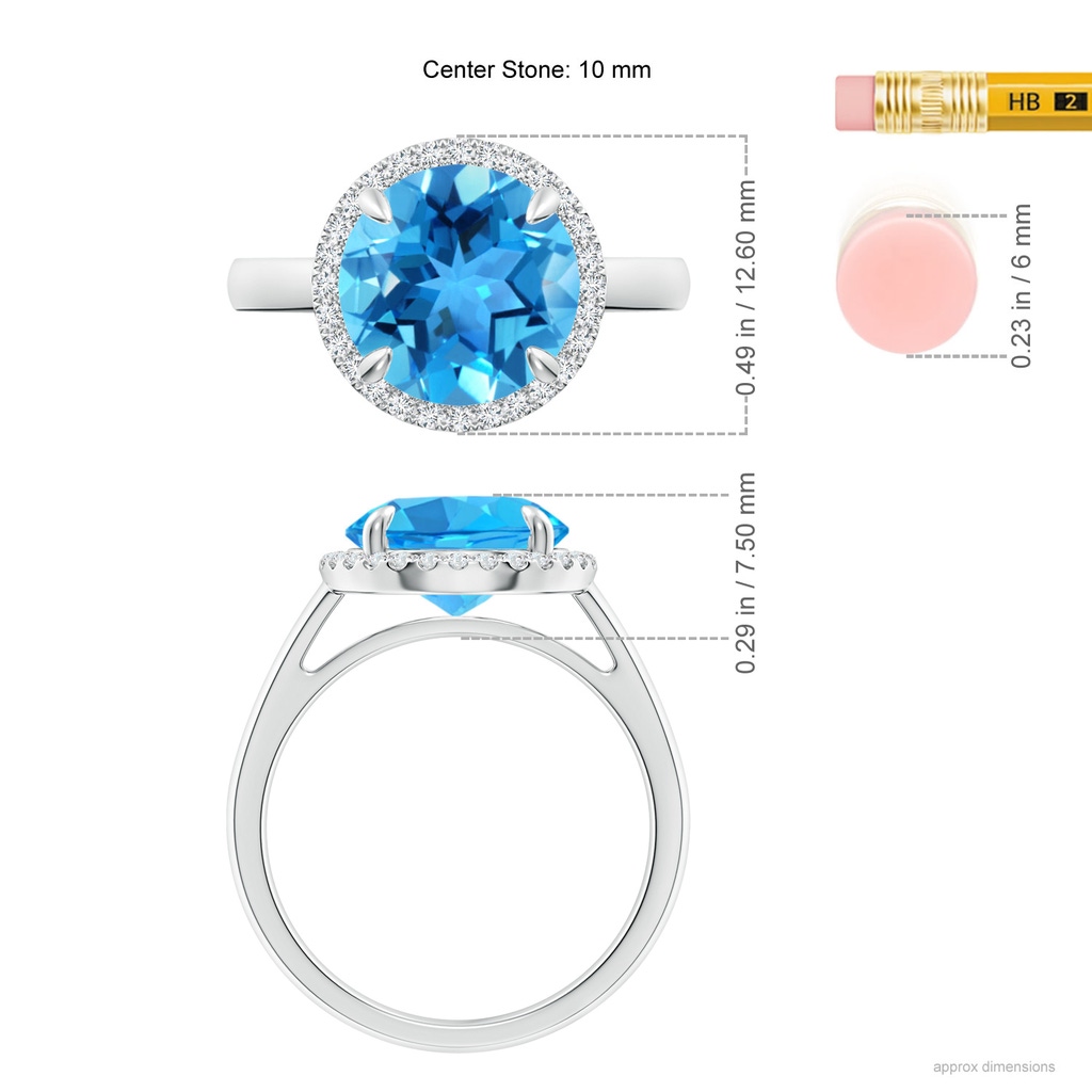 10mm AAA Round Swiss Blue Topaz Cathedral Ring with Diamond Halo in White Gold Ruler