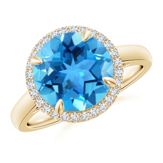 10mm AAA Round Swiss Blue Topaz Cathedral Ring with Diamond Halo in Yellow Gold