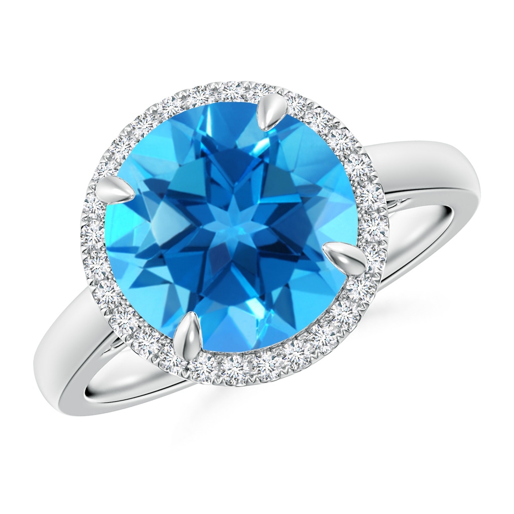 10mm AAAA Round Swiss Blue Topaz Cathedral Ring with Diamond Halo in P950 Platinum