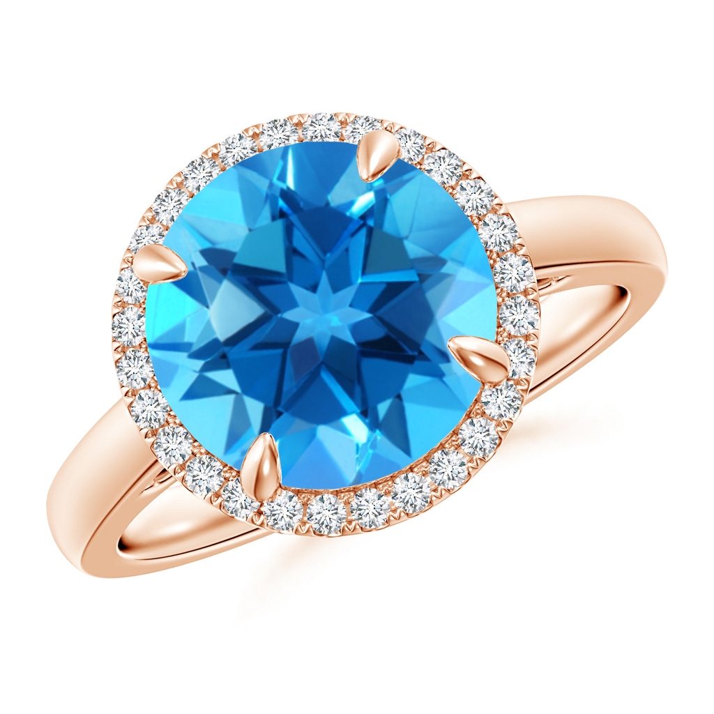10mm AAAA Round Swiss Blue Topaz Cathedral Ring with Diamond Halo in Rose Gold