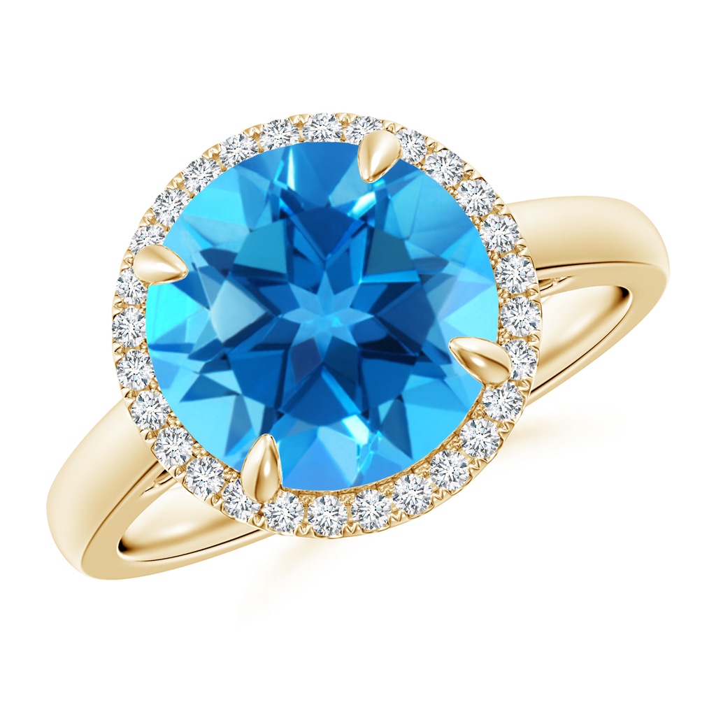10mm AAAA Round Swiss Blue Topaz Cathedral Ring with Diamond Halo in Yellow Gold